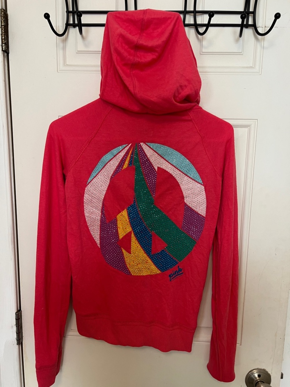 Pink by Victoria's Secret Pink-Coral Hooded Sweatshirt w/ Rhinestone Peace Patch